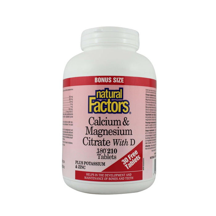 Natural Factors Calcium & Magnesium Citrate with D Plus Potassium & Zinc BONUS SIZE (210 Tablets)