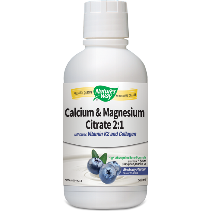 Nature's Way Calcium & Magnesium Citrate 2:1 with Vitamin K2 and Collagen - Blueberry (500 mL)